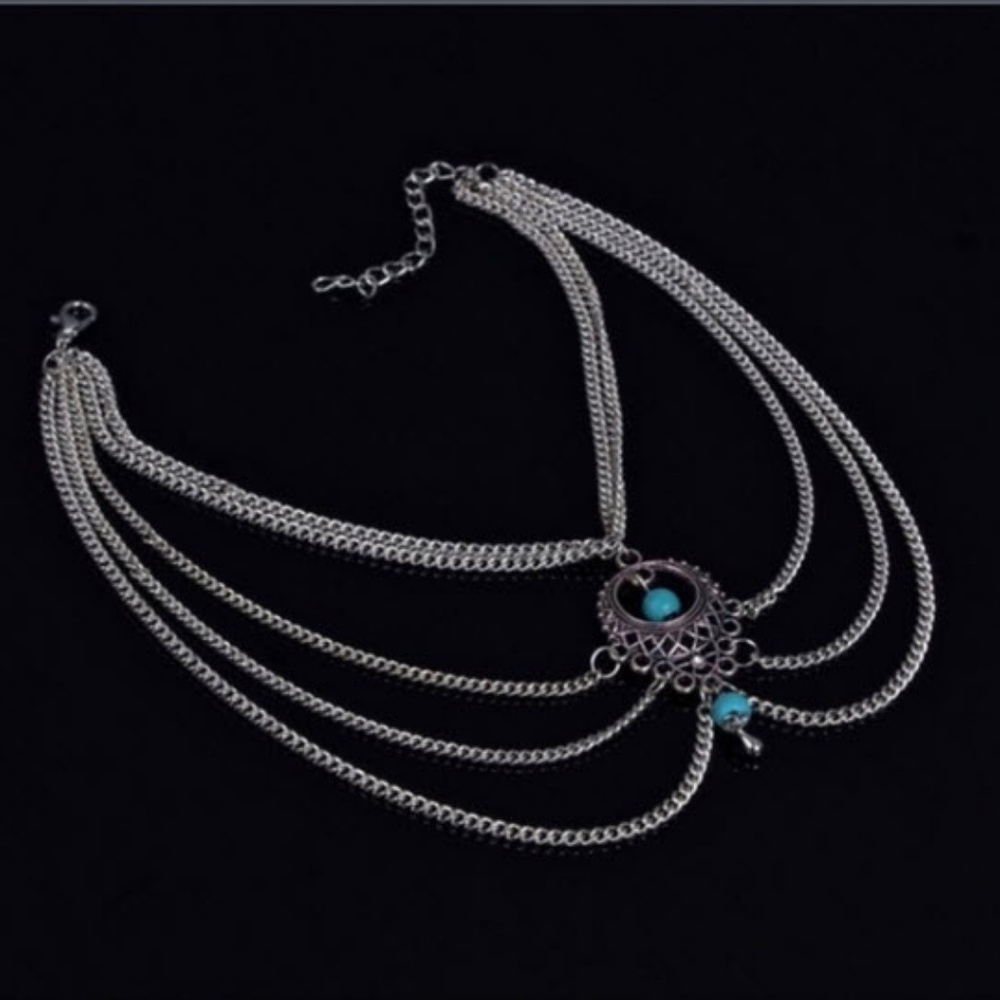Silvertone Anklet  w/faux Turquoise stones - Picture 5 of 5